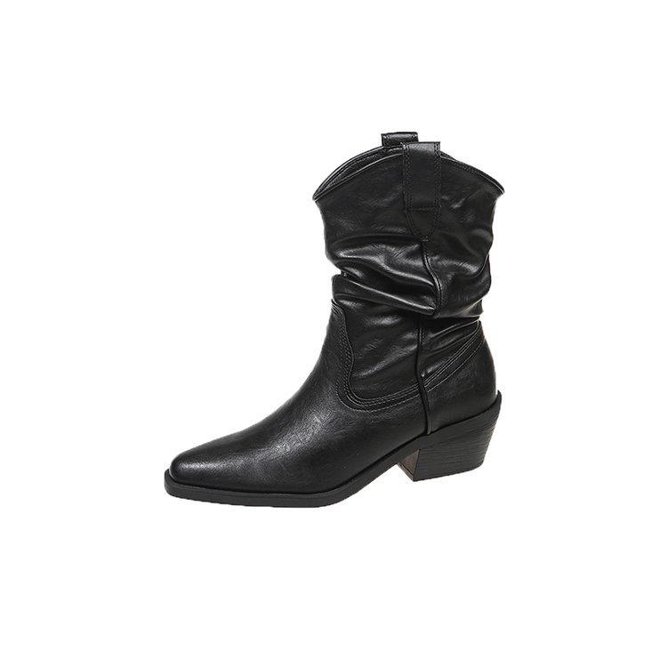 Cowhide version~ Zhao Ruth has the same pointed pile boots, short boots, high-heeled retro western knight boots, V-mouth medium boots.