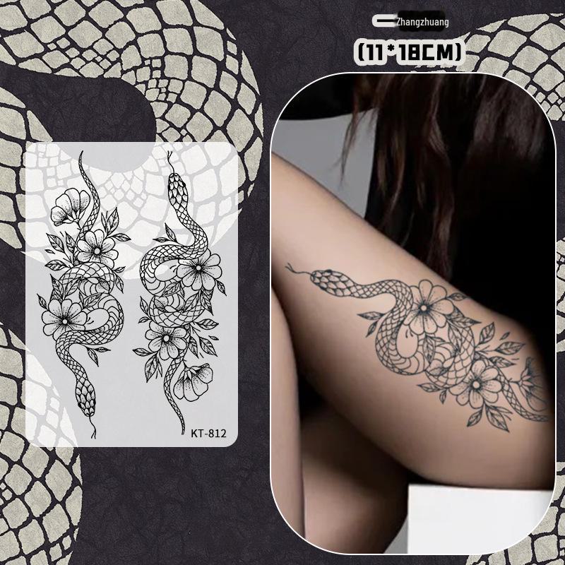 

«Водостойкие долговечные наклейки для татуировки «Танец змеи» с розой для женщин — травяной полуперманентный темный дизайн» 11*18cm