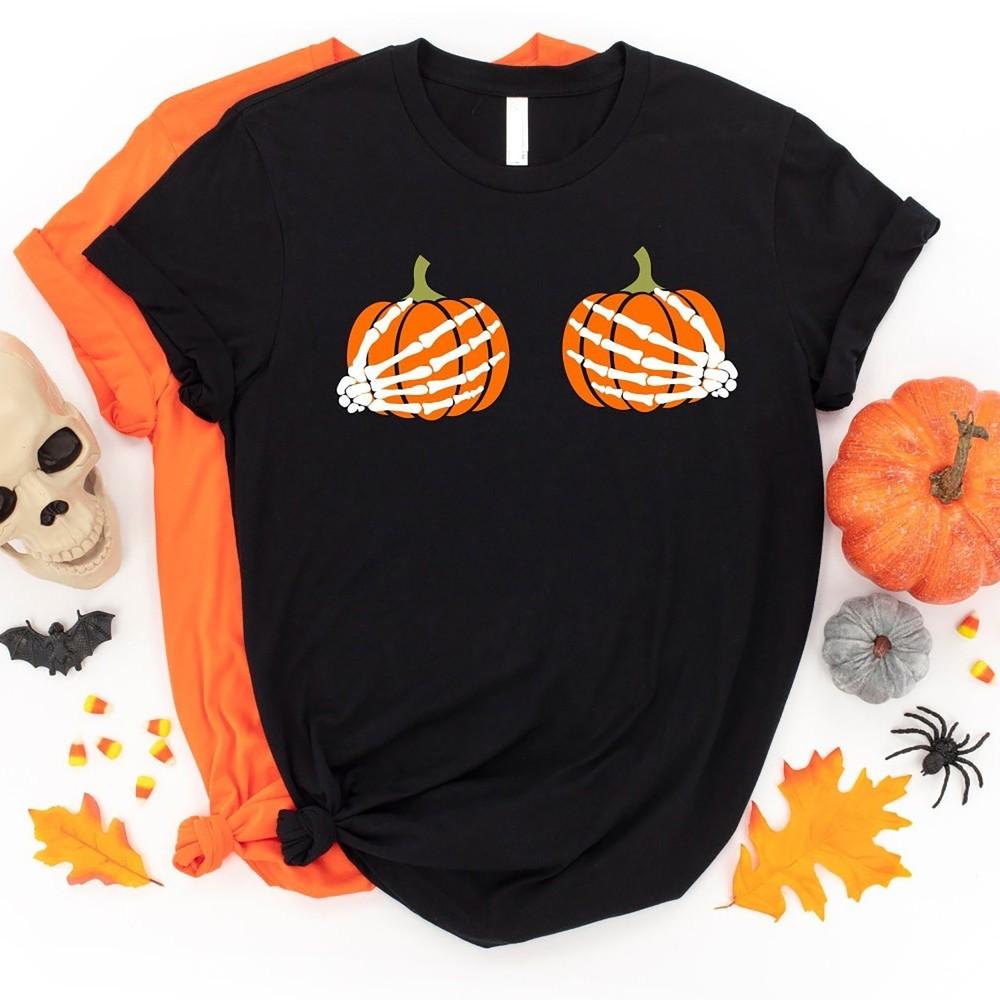 

Pumpkin Boobies Shirt, Funny Halloween Shirt, Skeleton Hands Shirt, Thanksgiv... 2XL