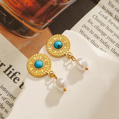 18k Gold Plated Stainless Steel Earrings with Turquoise Compass Design