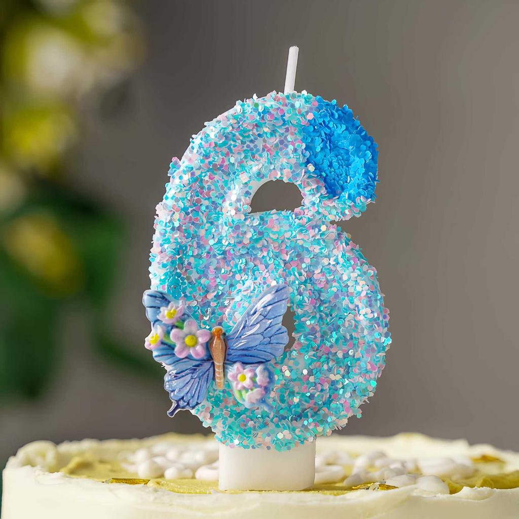 Blue Butterfly Love Flowers DIY Number Birthday Candles 0-9 - Cake Decoration
