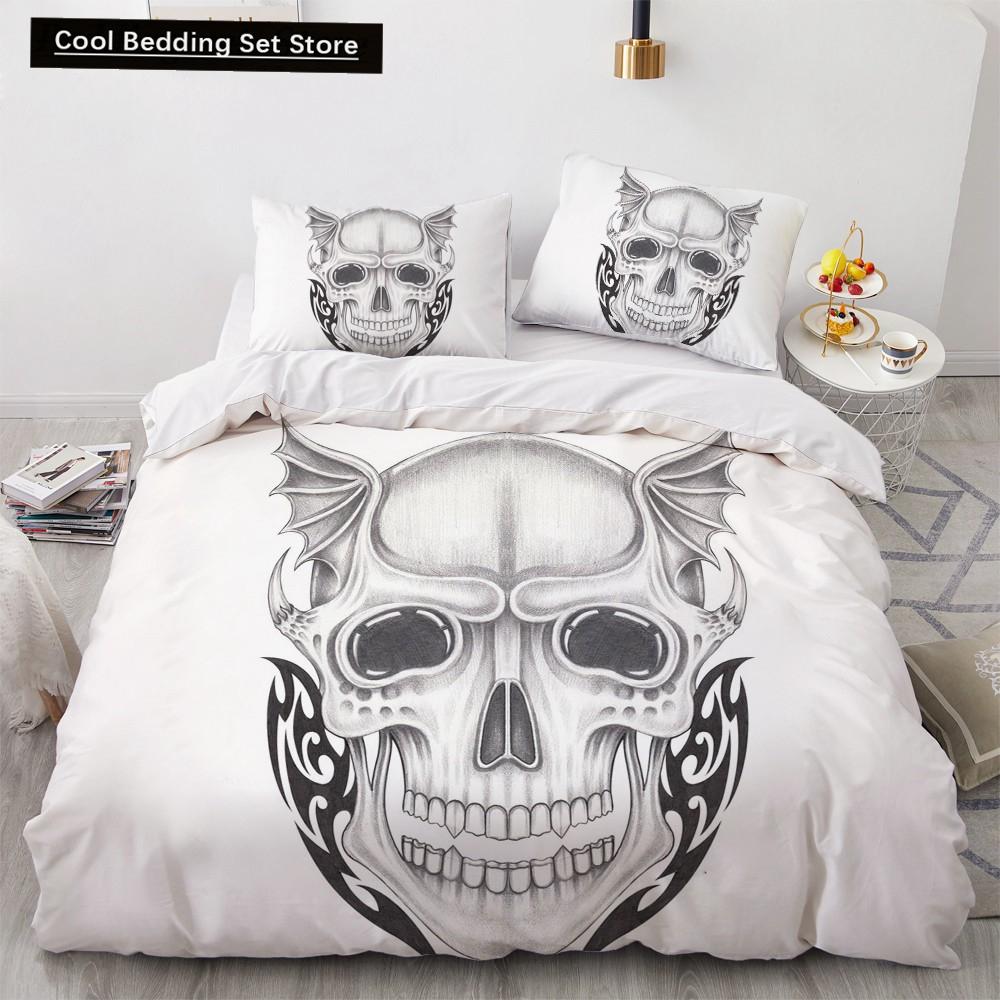 Skull Couple King Queen Duvet Cover Skeleton Bride Bedding Set for Kids Teens Adults Halloween White 2/3pcs Soft Quilt Cover