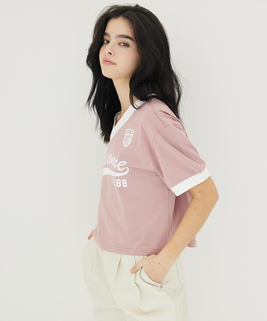 AWESOME STUDIO V-Neck Uniform Short Sleeve T-Shirt Indie Pink