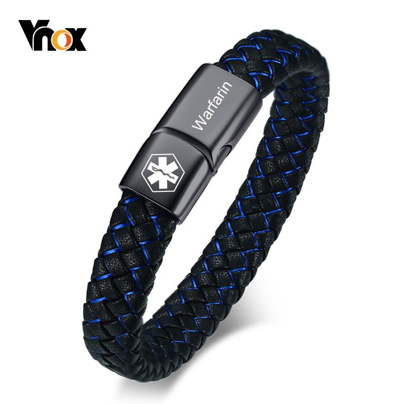 Vnox Bracciale ID Medico Personalizzato da Uomo Braccialetto in Pelle Intrecciata con Chiusura Diabete BPCO Alzheimer Gioielli Personalizzati