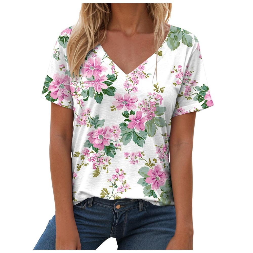T-shirt estiva casual e alla moda con scollo a V, maniche corte e fantasia per donna. Stile ampio e casual, adatto da indossare per le signore.