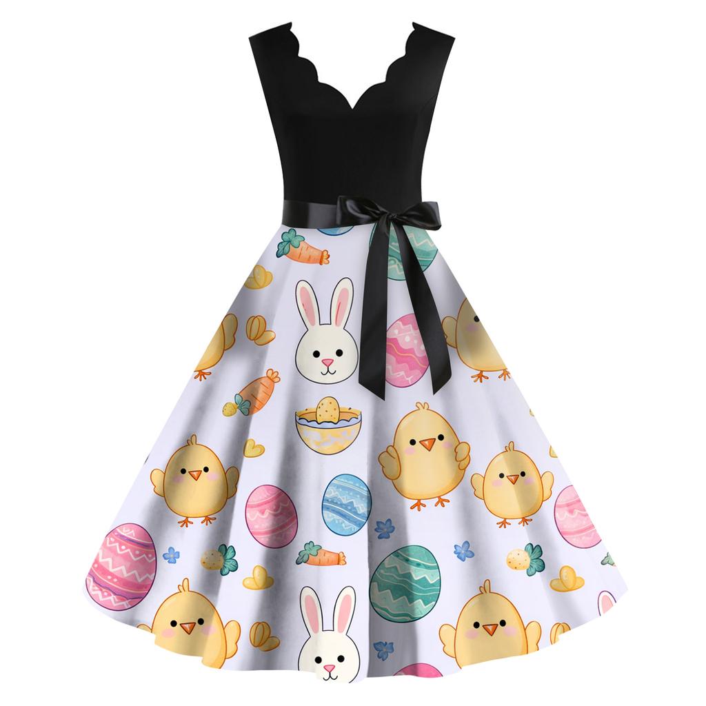 Women's Casual Fashion Easter Print V-neck Retro Dress