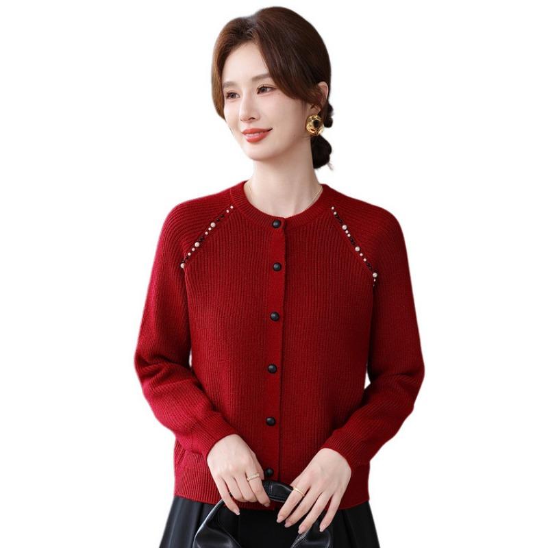 Autumn new sweater casual versatile fresh round neck beaded top women's knitted cardigan jacket