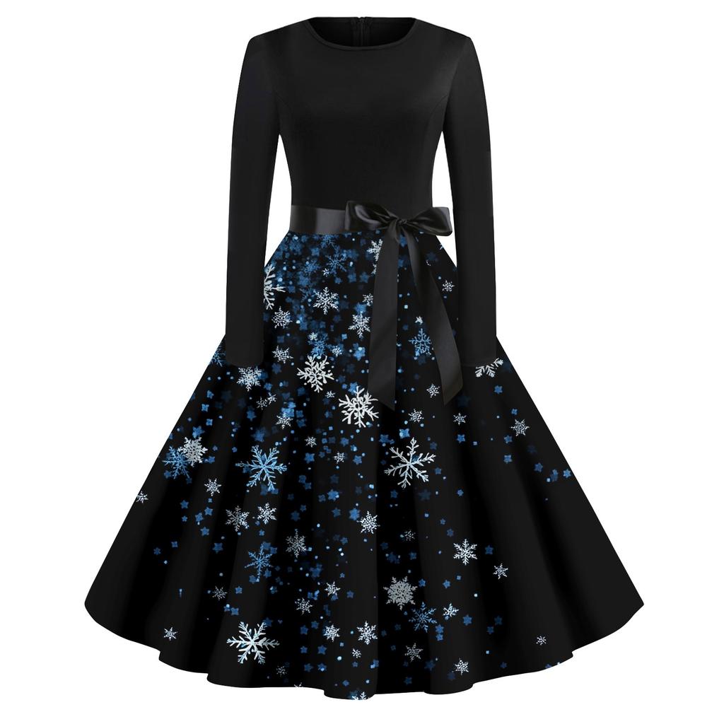 Lässiges und modisches langärmliges Kleid mit R-Ausschnitt und Schneeflocken-Print für Damen