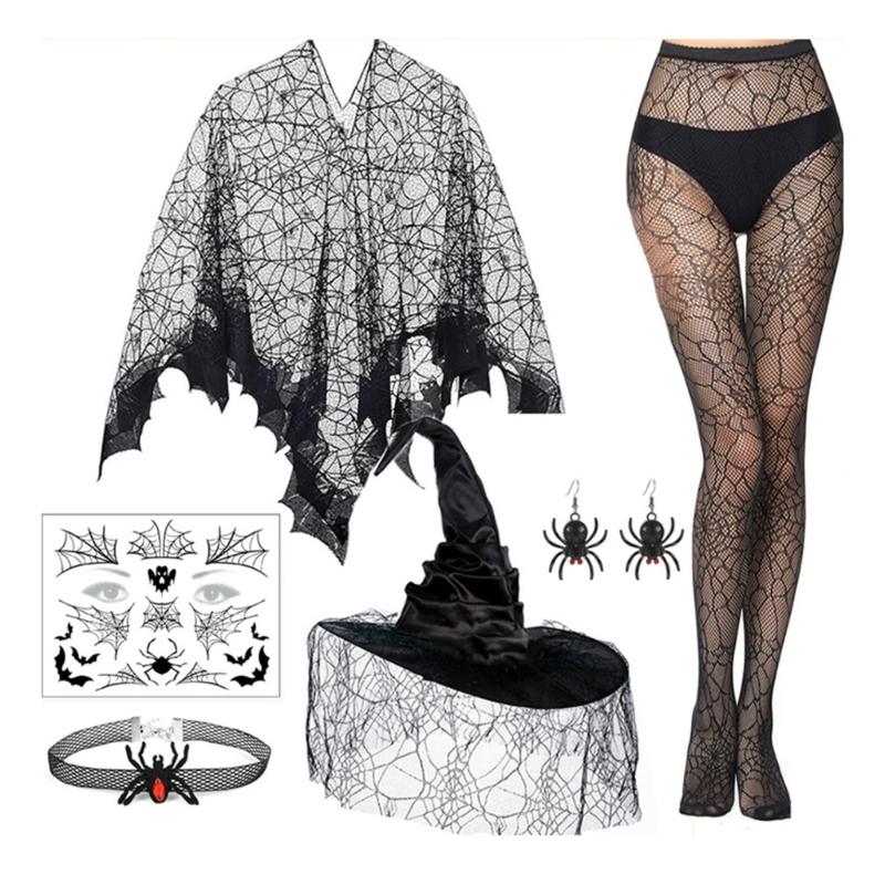 Spiders Costume Adult Cape Tights Necklace Chocker Earings Mask and Witch Hat Halloween Costume Outfit for Women