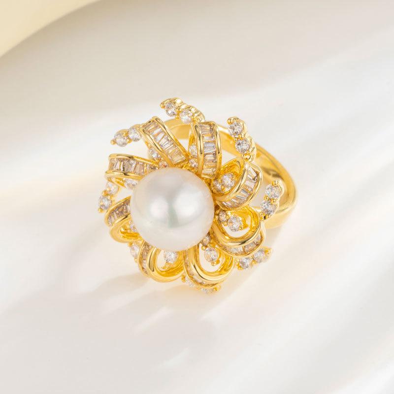 Douyin Same Incense Grandma Baroque Ring Women's Natural Pearl Copper Micro-inlaid Zircon Ring Decoration High Sense