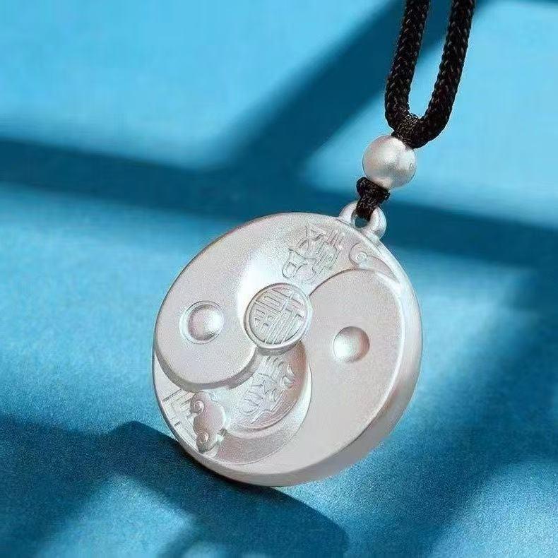 Silver Eight Trigrams Fortune Pendant - Unisex Wealth Attraction Amulet with Black Rope