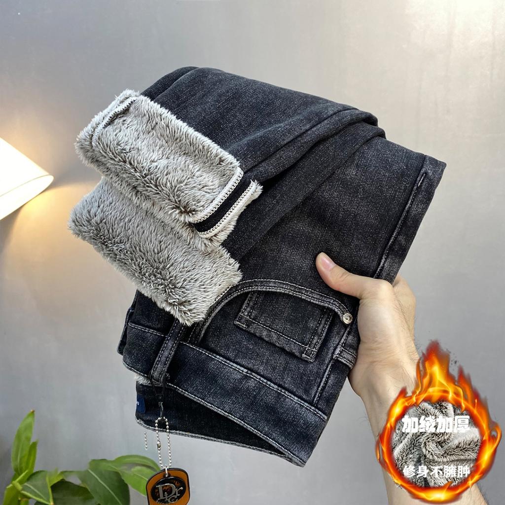 Fleecegefütterte Dicke Jeans Herren2024Winter Neue Modemarke Slim Stretch Skinny und All-Matching Warme Hosen