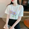 Three-dimensional Flower Right Shoulder Pure Cotton Short-sleeved T-shirt for Women Summer New Fashion Slimming Age-reducing Western Style Top