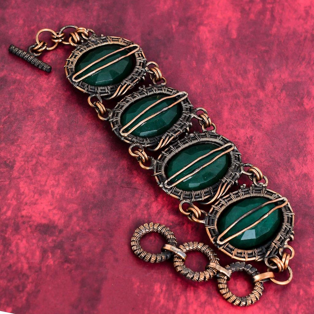 Faceted zambian emerald bracelet copper wire wrapped bracelet adjustable chain bracelet copper gemstone jewelry handmade bracelet for gifts