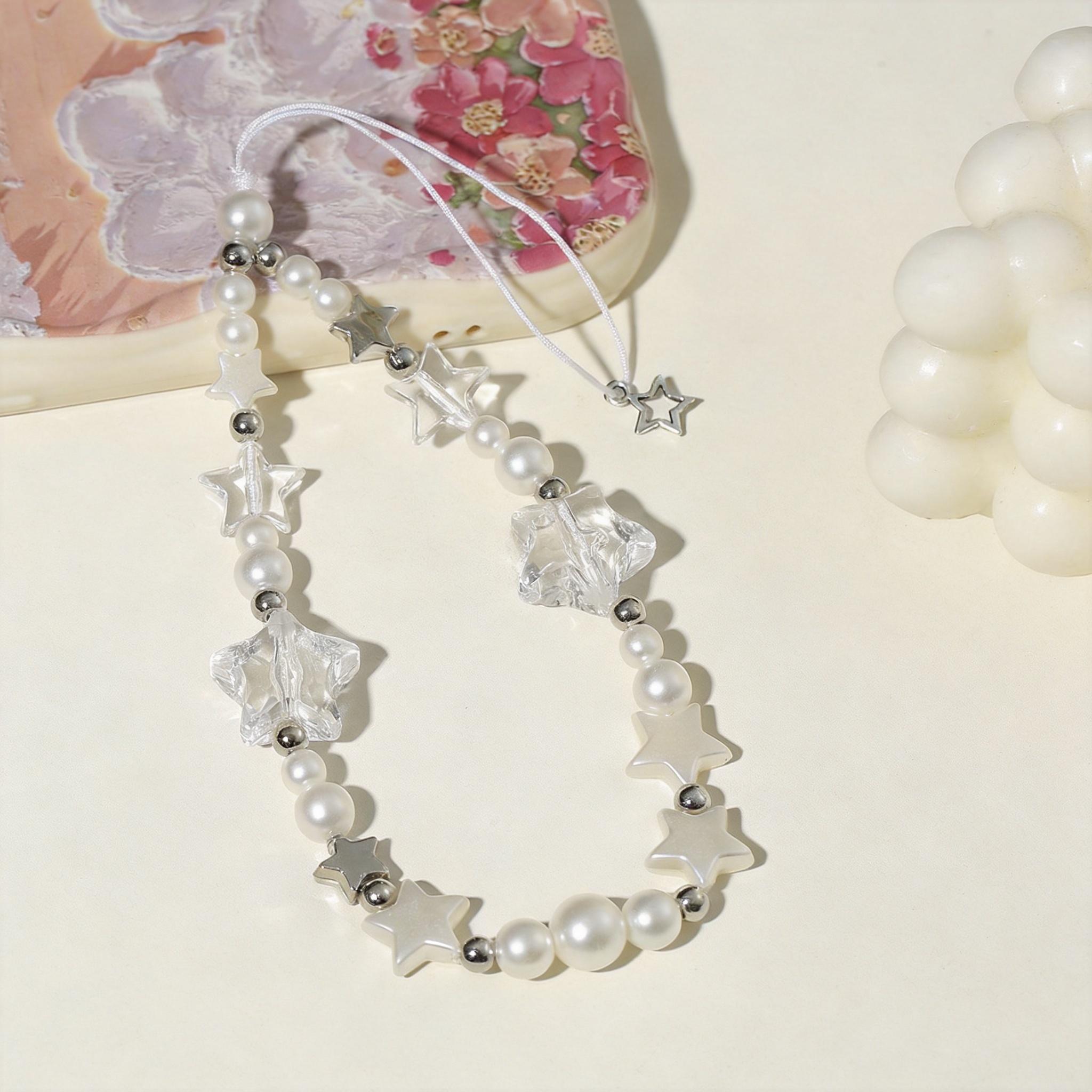 Female Phone Chain Sturdy Short Beaded Wrist Lanyard Star Phone Strap Pearl Mobile Phone Strap For Prevent Dropping