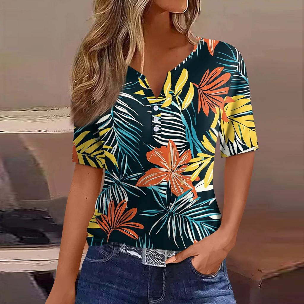 Women's T Shirt Print Button Short Sleeve Daily Weekend Fashion Basic V- Neck Regular Top