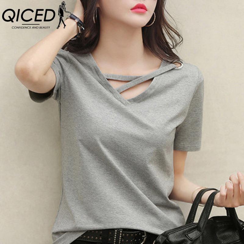 QICED Women's Fashion Casual Solid Color Print Short Sleeve V Neck Blouses & Shirts