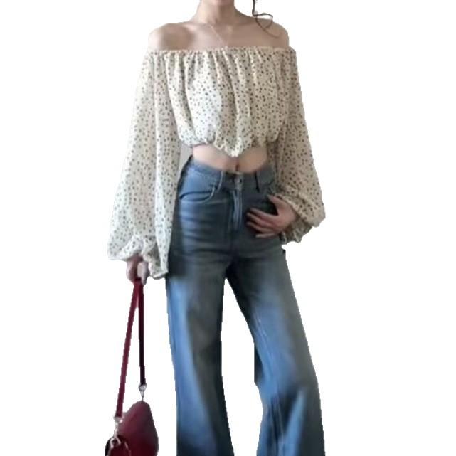 French sweet and spicy one-word shoulder bubble sleeve shirt women's summer new design off-the-shoulder short top polka dot shirt