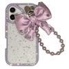 For iPhone 16 Plus Case Glitter Epoxy Design TPU+PC Phone Back Cover with Bow Strap,Rhinestone Decor