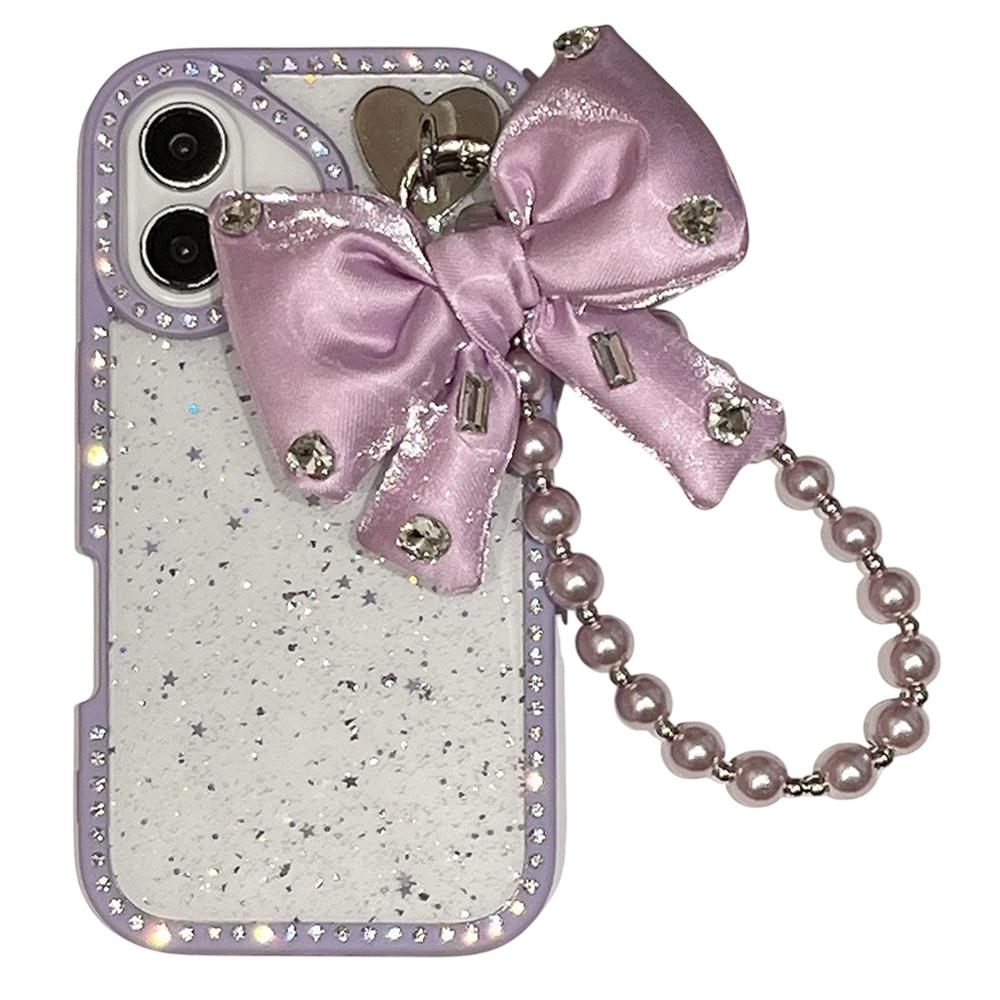 For iPhone 16 Plus Case Glitter Epoxy Design TPU+PC Phone Back Cover with Bow Strap,Rhinestone Decor