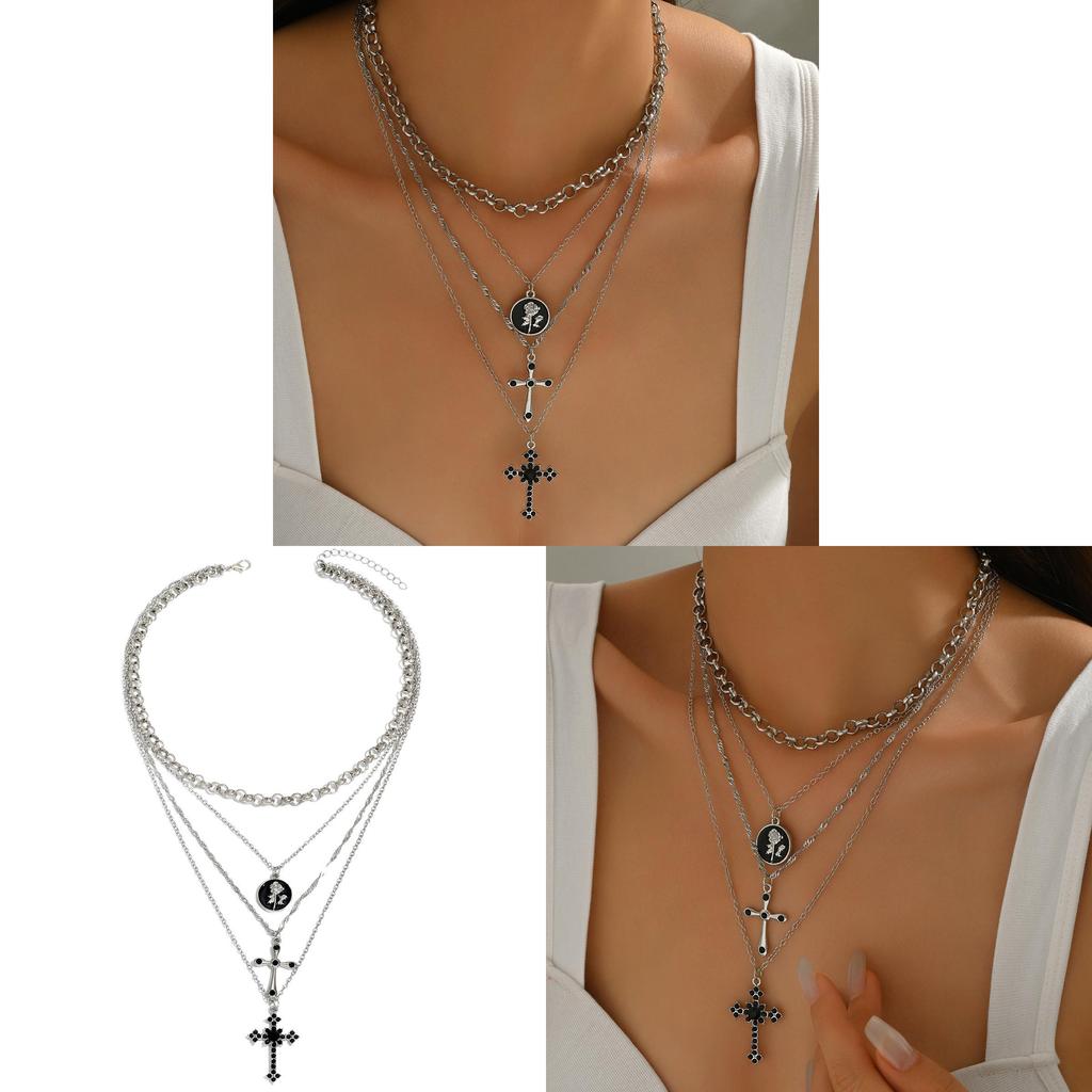 Cross Pendant Necklace For Women With Multi Layer Geometric Design And Zinc Alloy Material