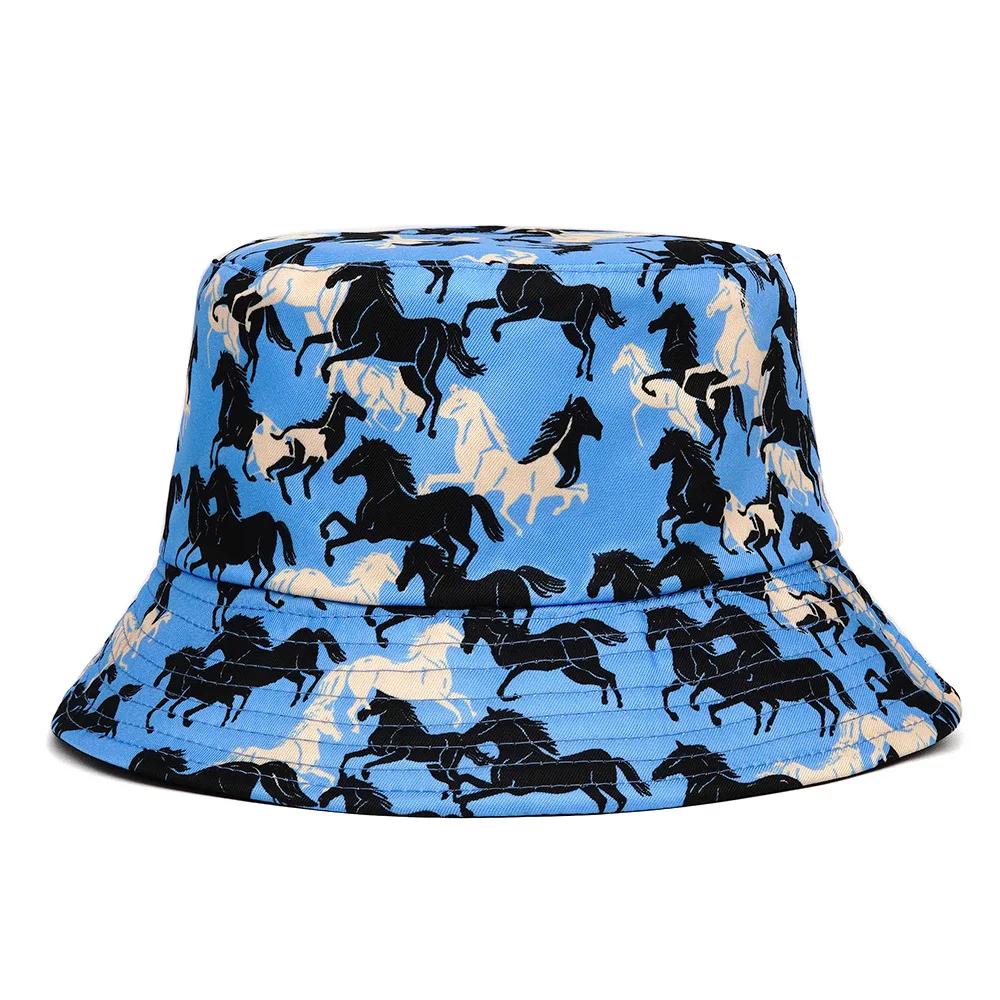 Panama Fischerhüte Tier Pferd Print Fischerhut Sommer Sonnenhüte für Damen Herren Wendbare Angelkappe