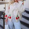 Cherry Embroidered Jacquard Cardigan Sweater Women's Cute Style Strap Knitted Sweater Coat 3616