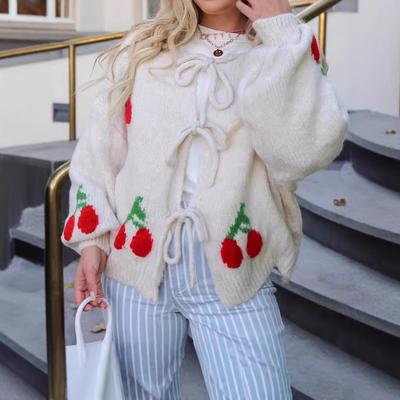 Cherry Embroidered Jacquard Cardigan Sweater Women's Cute Style Strap Knitted Sweater Coat 3616 EMA