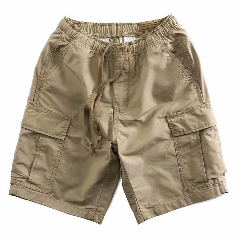 Men's Heavy-Duty Multi-Pocket Elastic Waist Work Shorts, Old Khaki, American Style, Casual Summer Wear