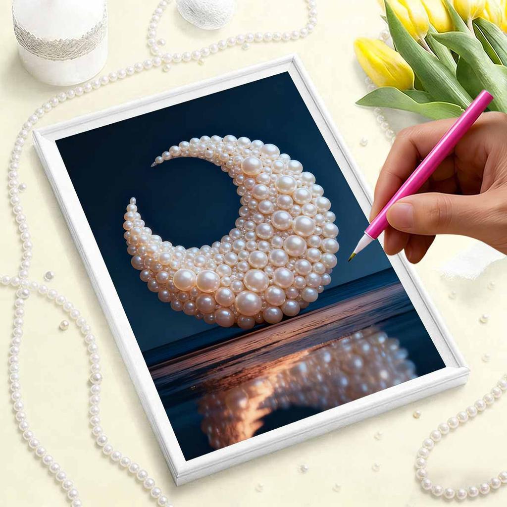 DIY Diamond Art Pearl Painting Kit for Adults,  Moon Over The Sea Special Shaped Pearl Art Painting Wall for Home Office Decor Handmade Gift