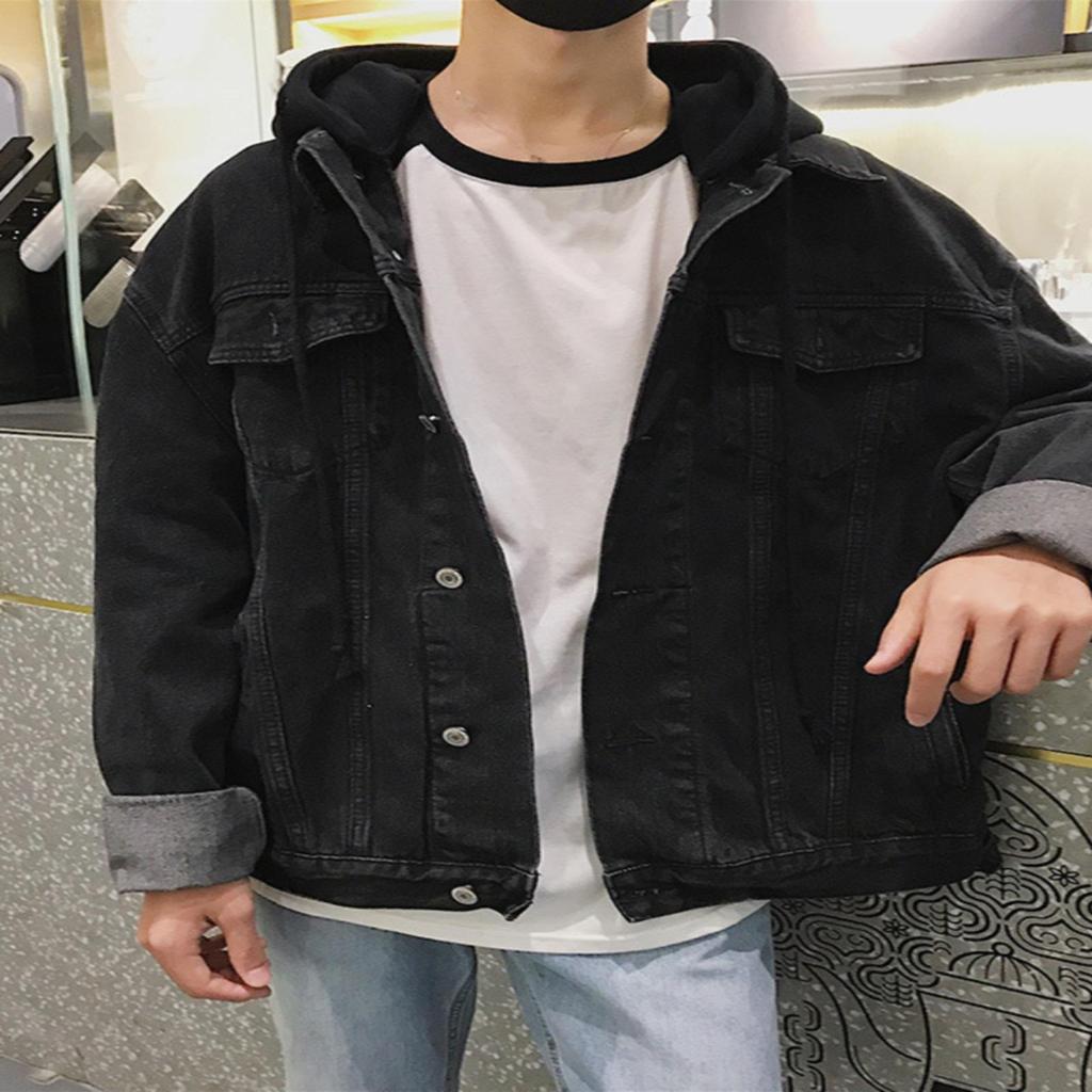 Herr Höst Oversize Harajuku Jeansjacka med Huva - Trendig Koreansk Stil