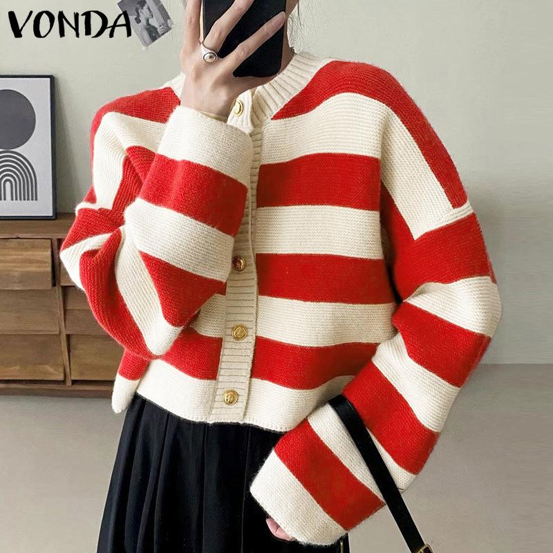 

VONDA Women Casual Loose Long Sleeve Striped Knitted Cardigans Coats One Size красный