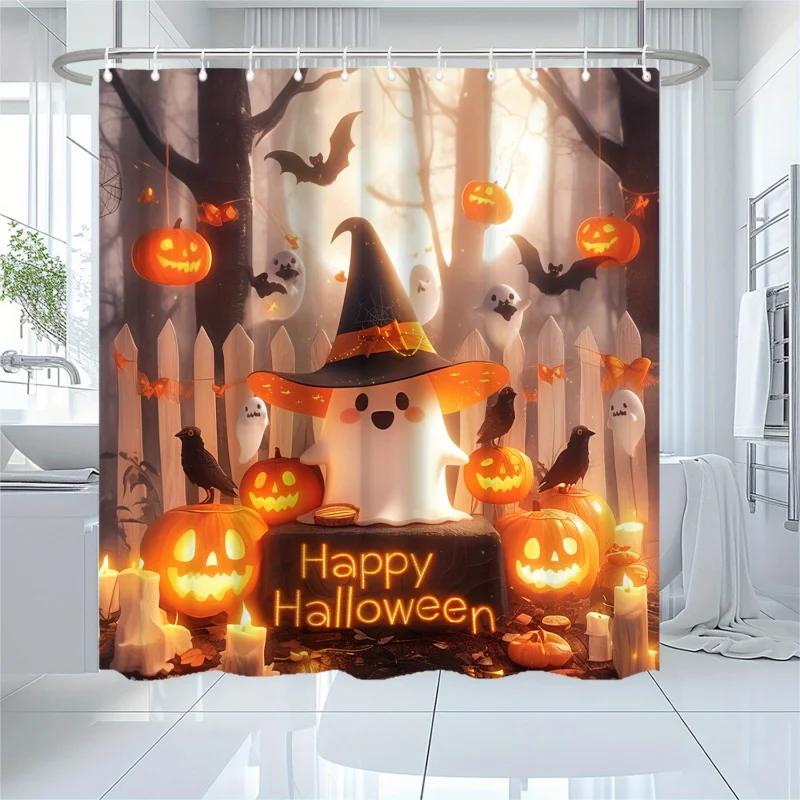 Pumpkin Shower Curtain, Halloween Christmas Holiday Decoration, Autumn And Winter Home Decoration, Washable