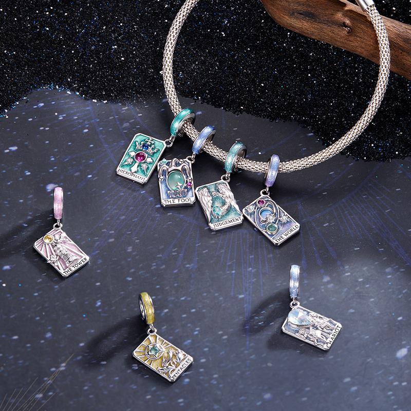 WOSTU 925 Silver Colorful Tarot Cards Charm Pendent Magic Star Moon Sun Lover Bead Fit DIY Bracelet Necklace Women Gift