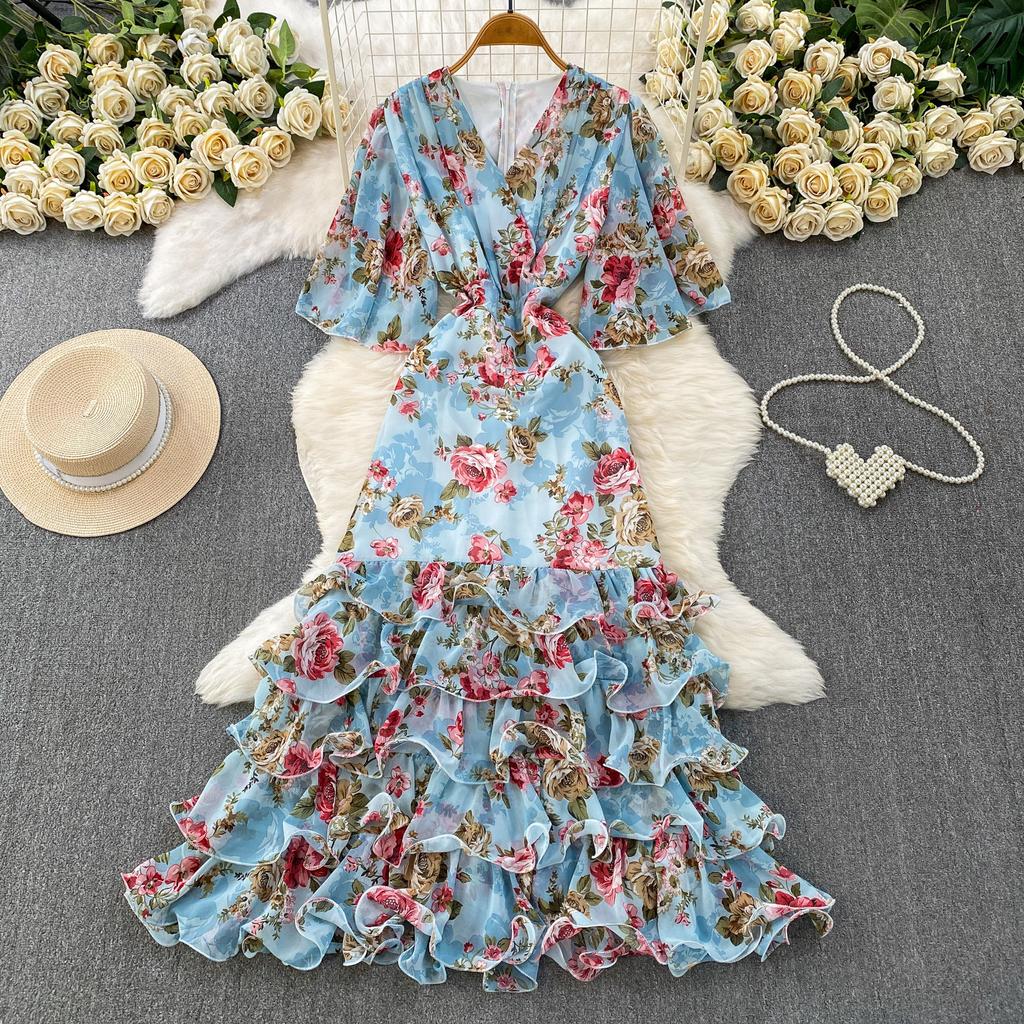 French romantic style print V-neck horn sleeve dress women's summer thin temperament cake dress beautiful fairy dress