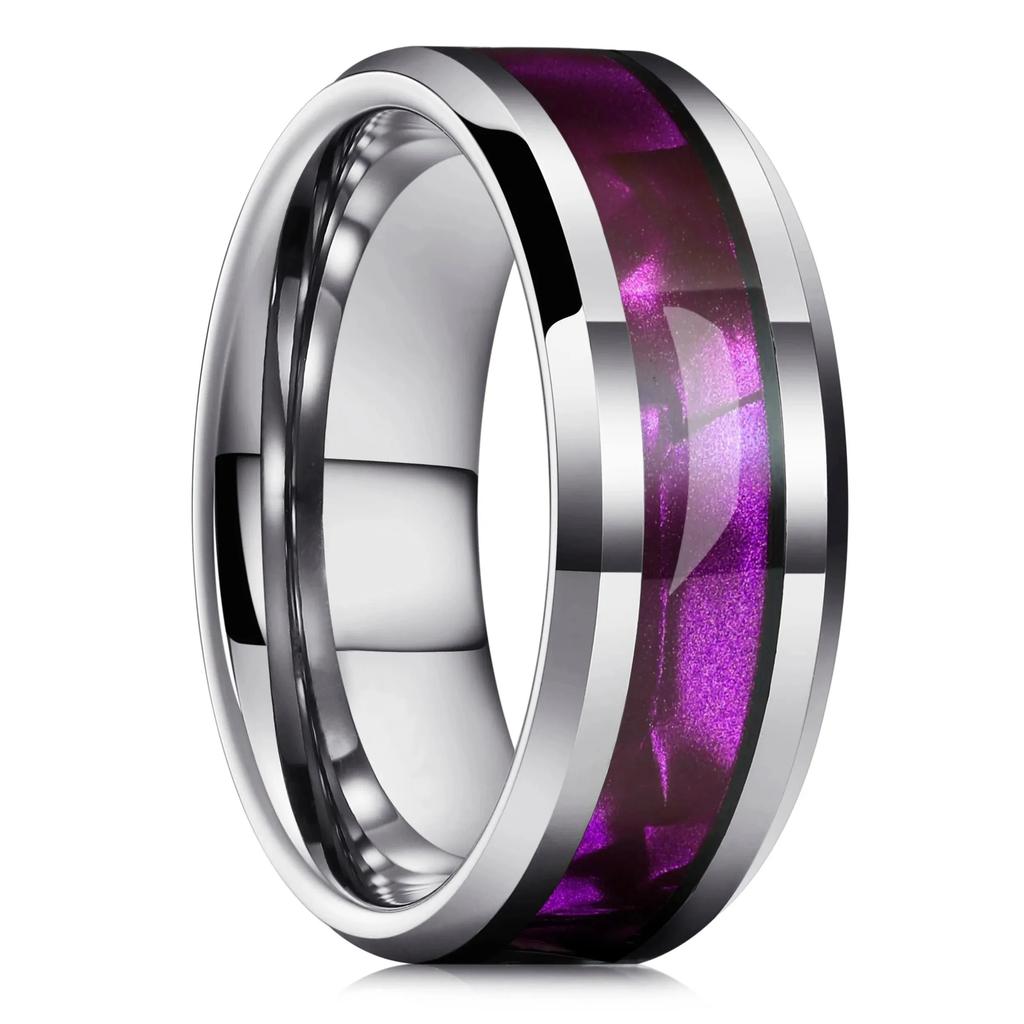 Fashion 8mm Black Stainless Steel Rings for Men Women Purple Abalone Shell Inlay Rings High Polished Men Wedding Party Jewelry