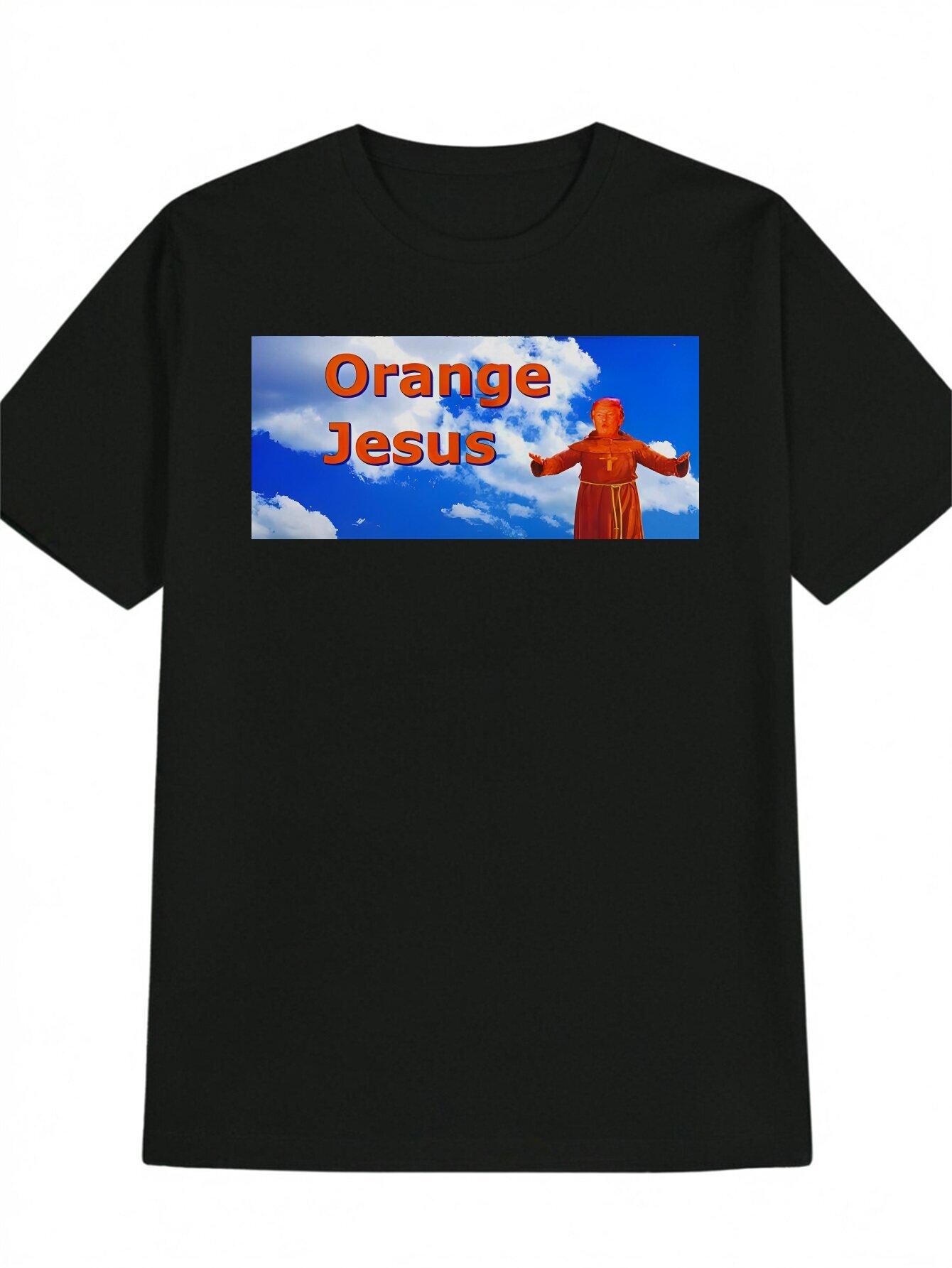 Casual Crew Neck T-shirt - Orange Jesus Graphic Print XXXXL