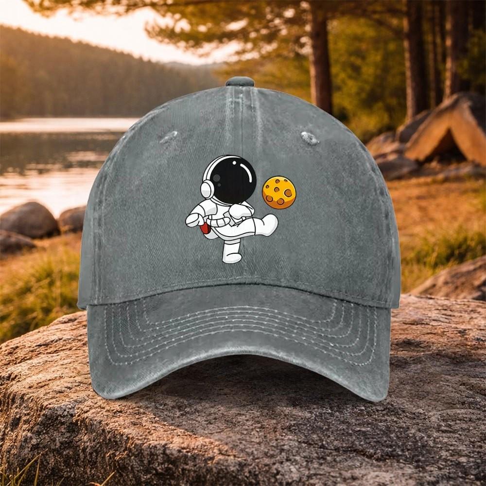 Astronaut Kicking Moon Print Washed Baseball Cap Adjustable Cotton Casual Outdoor Sports Hat