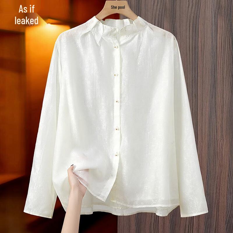 Women s Elegant Pleated Stand Collar Long Sleeve Blouse One Size