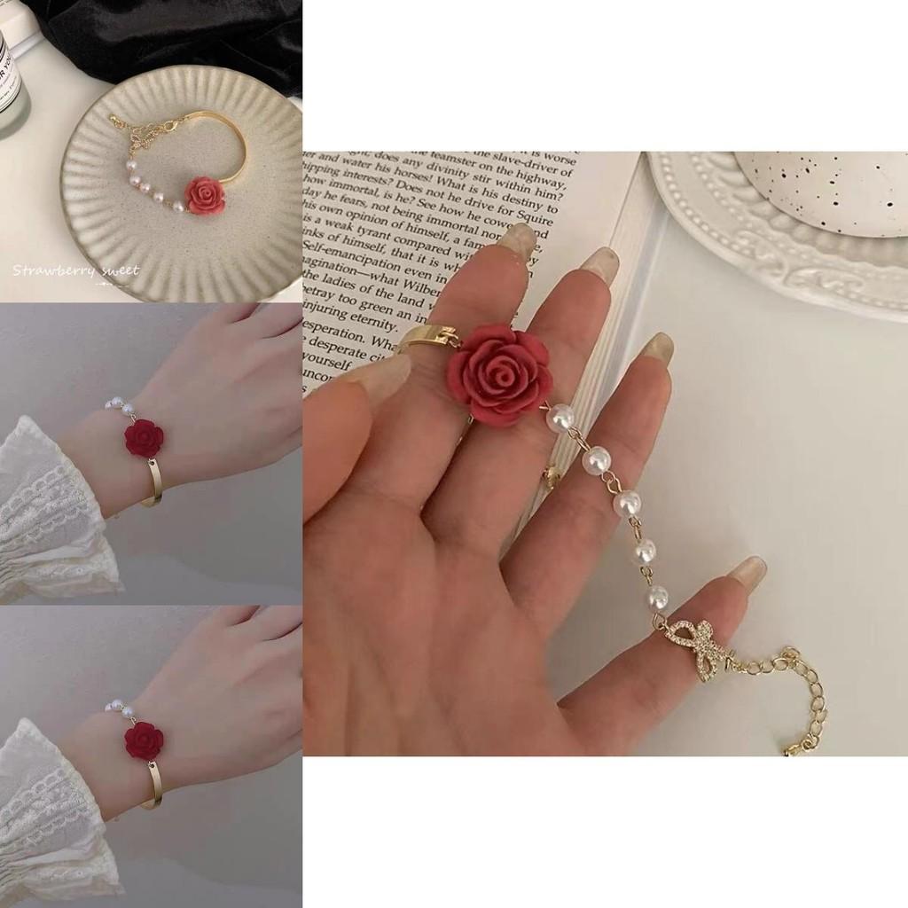 French Baroque Trendy Red Rose Pearl Bracelet With Elegant Design For Women