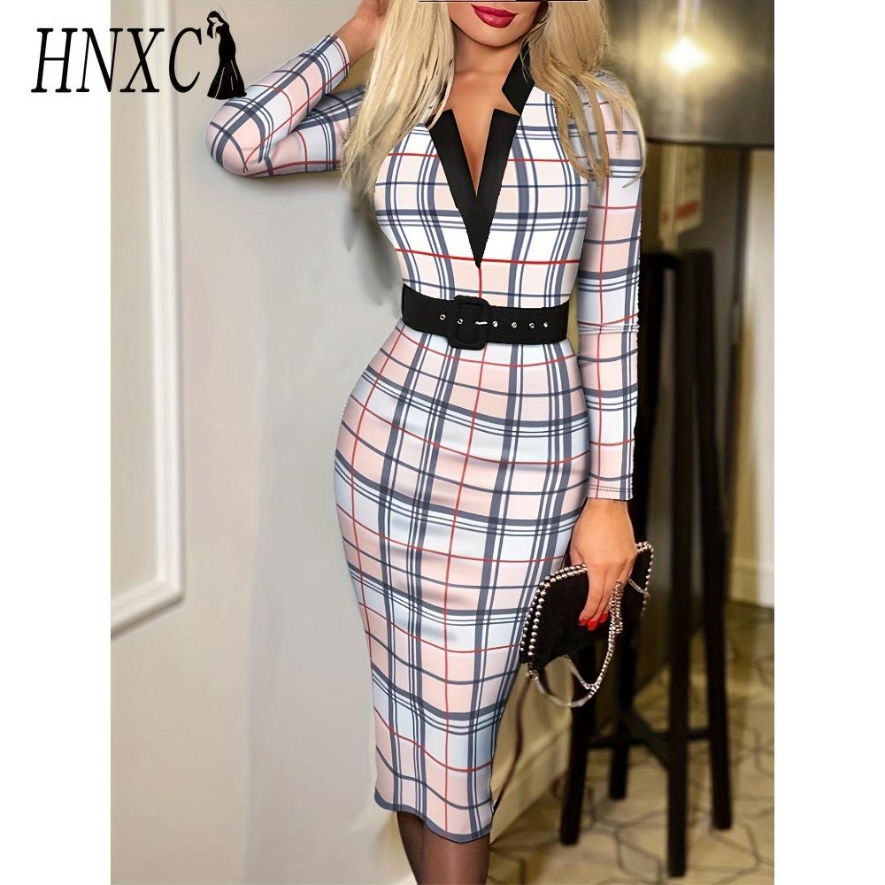 

HNXC Женская мода Весна Осень Длинный рукав V-образный вырез Завышенная талия Повседневные платья XL