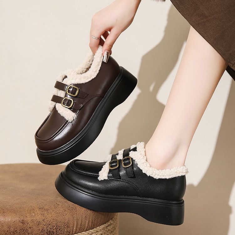 Fleece Britisk stil små skinnsko dame høst og vinter nye fluffy snøstøvler tykksålede varme bomullssko