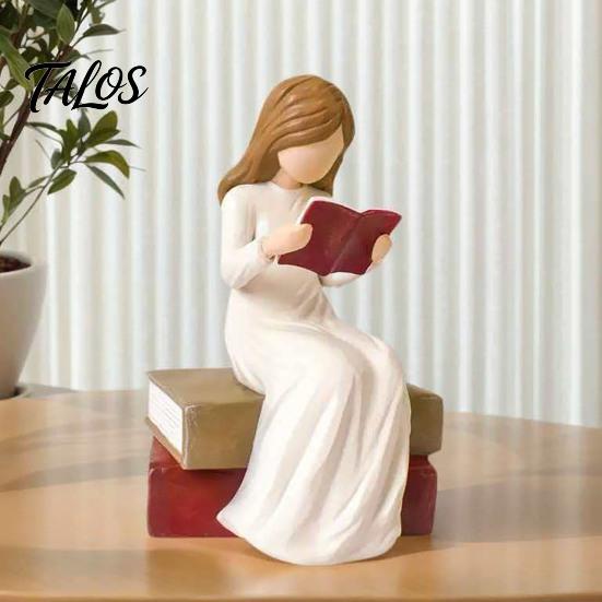 Minimalist Home Accents Reading Girl Figurine, Hand-Painted Resin Sculpture for Bookshelf Decor, Modern Angel Figurine Faceless Woman Statue