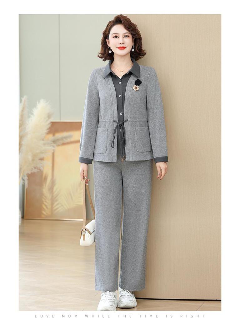 Hengyuanxiang Women's Two-Piece Spring & Autumn Fashion Set 2025 - Stylish Top for Middle-Aged and Elderly