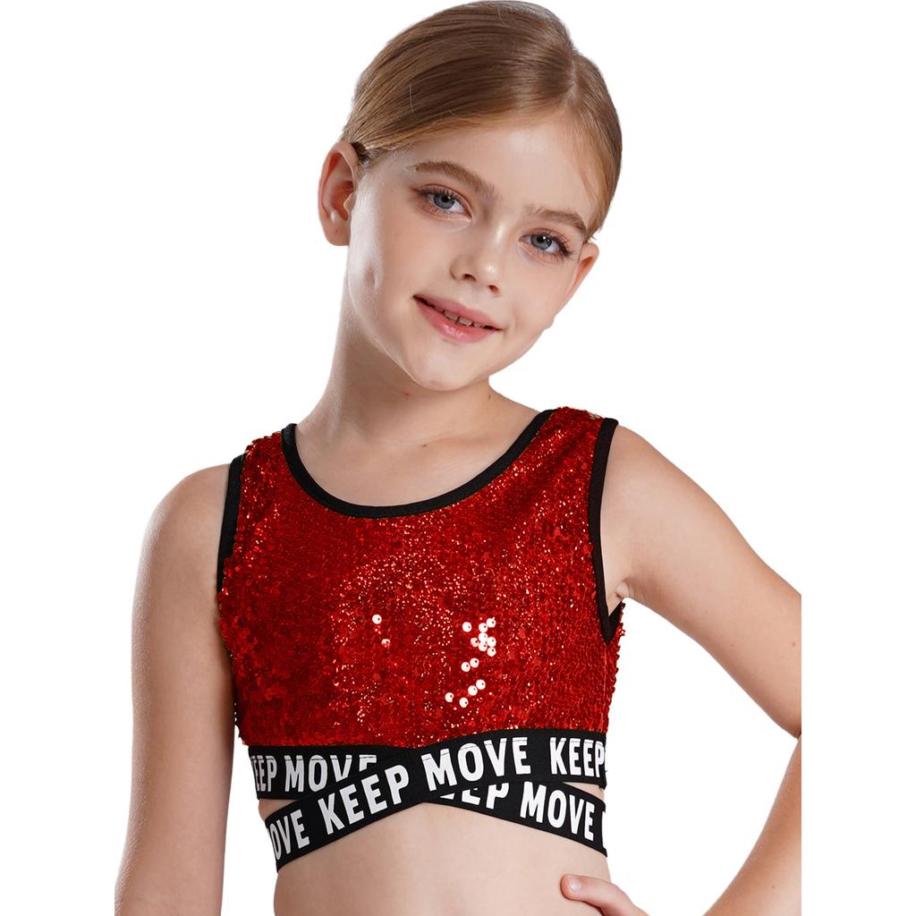 Girls Shiny Sequin Sleeveless Round Neck Criss Cross Waistline Crop Top Dance Performance Hip Hop Top