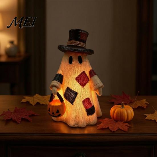 Rustic Fall Home Decor Lighted Patchwork Ghost Resin Figurine with Pumpkin Lantern, Farmhouse Style Halloween Thanksgiving Table Decorations Tabletop