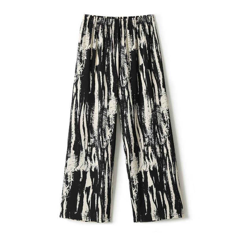 White tea casual versatile wide-leg pants chiffon printed casual pants women's new lazy retro loose drape