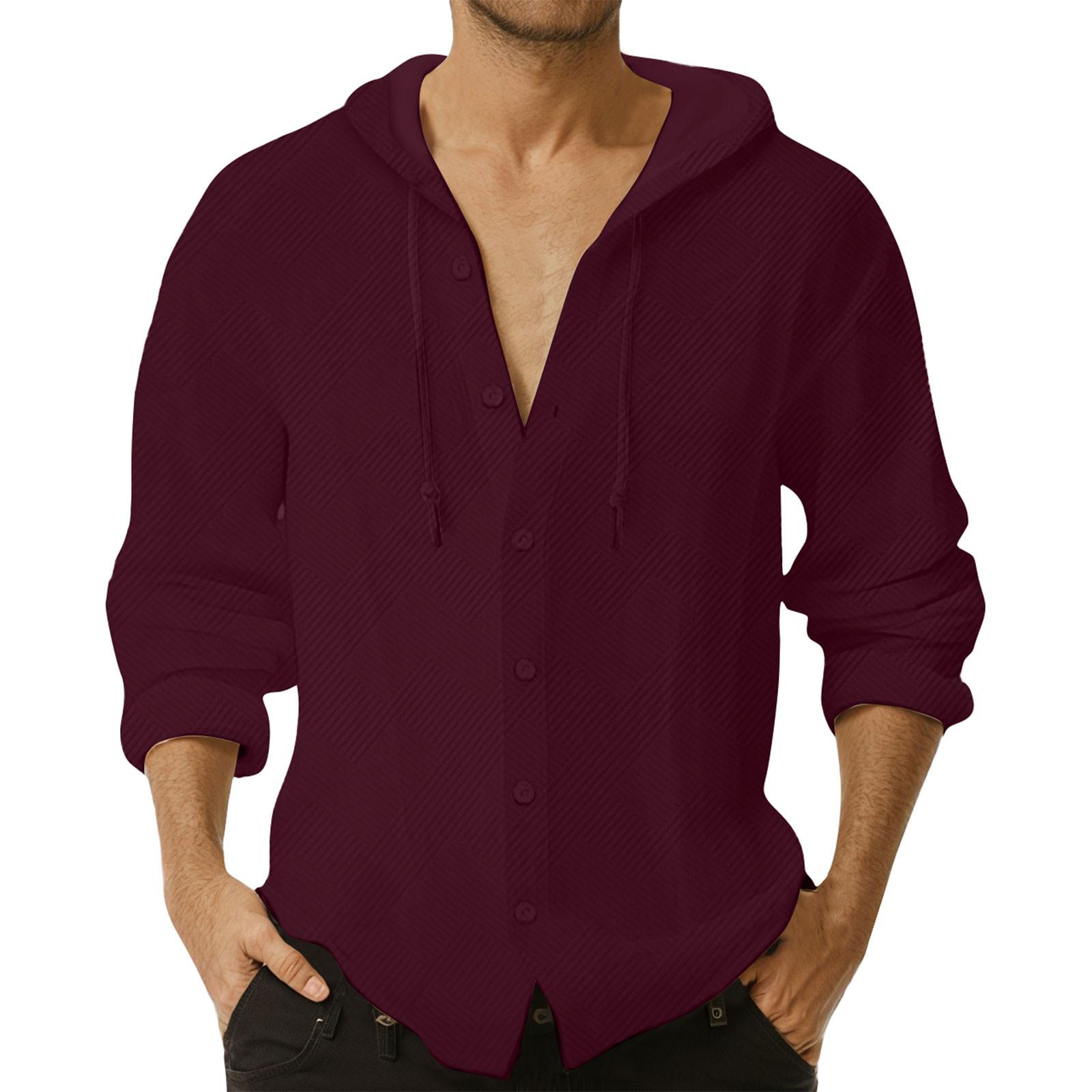 

Men s Solid Color Casual Long Sleeved Shirt With Hood And Drawstring Cardigan S винний