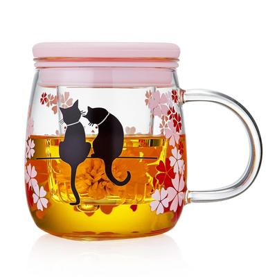 Pokaro Tea, hitzebeständiger Glasbecher mit Tee, transparente schwarze Kirschblüten-Katzentasse, die die Farbe mit japanischen Kirschblüten im Frühling ändert