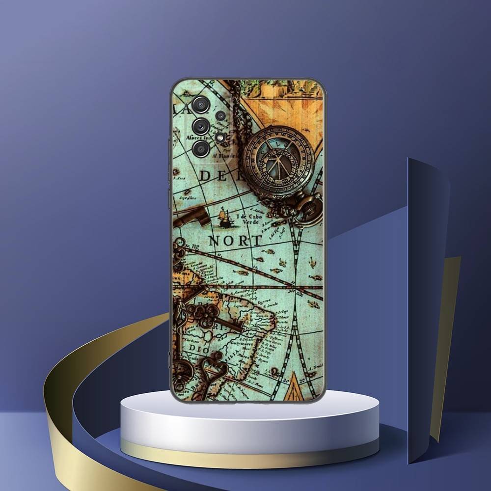 World Map Compass Nautical Phone Case For Samsung Galaxy S25,S24,S21,S22,S23,S30,Ultra,S20,Plus,Fe,Lite,Note,10,9,5G Black Cover